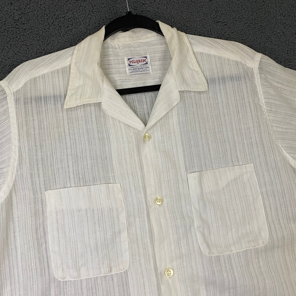 Vintage Pilgrim Dan River Shirt Men Small Ivory Camp Collar Button Up Sheer Boxy